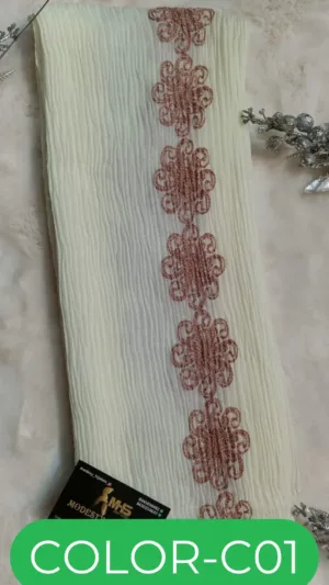 Cotton Scarf Womens – Wrinkle Cotton Hijab with Resham Thread Work Embroidery - light yellow