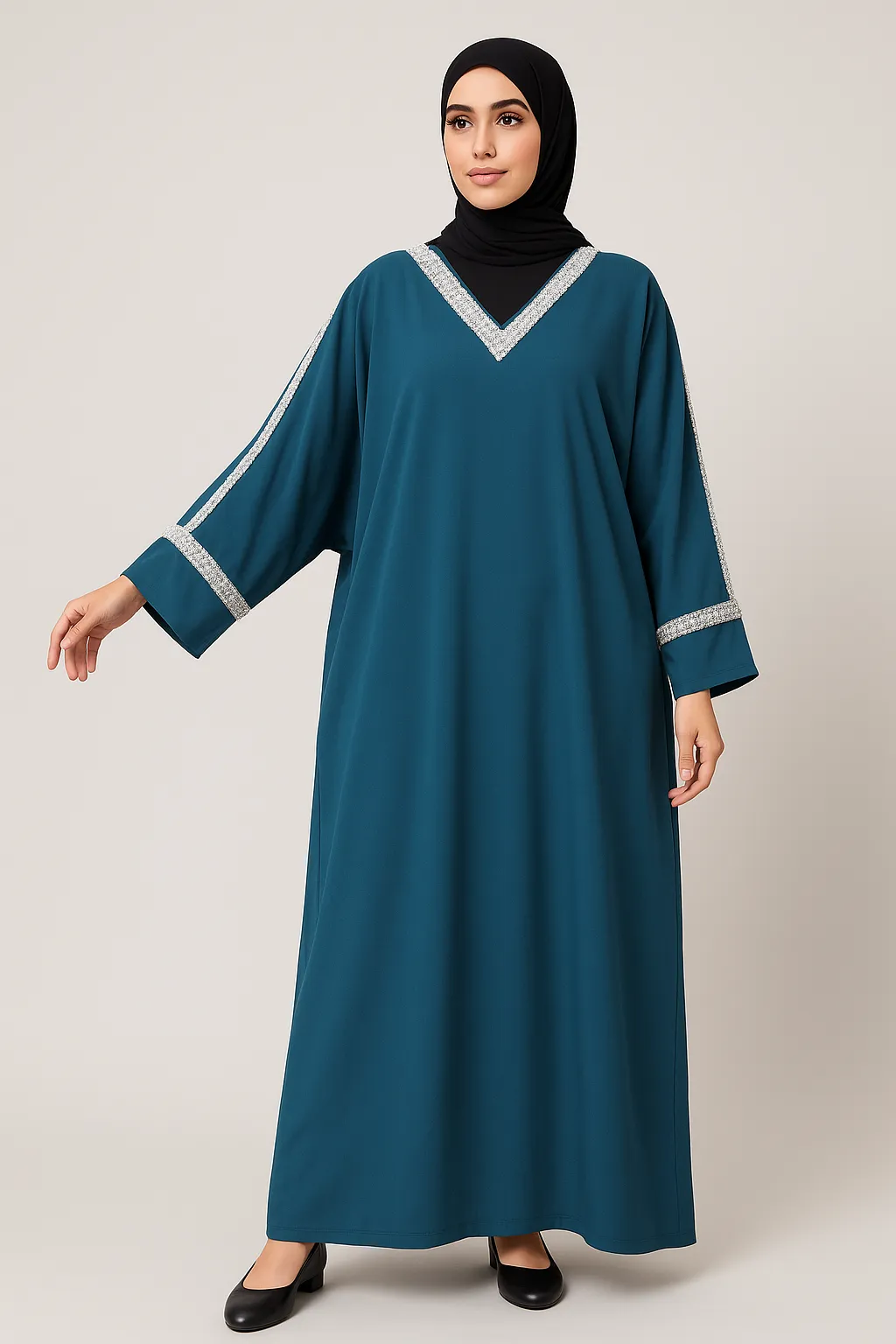 Elegant Blue Kaftan Abaya with Silver Detailing