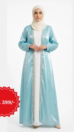 Light Blue Shiny Open‑Front Abaya with Trim – Modest Outerwear