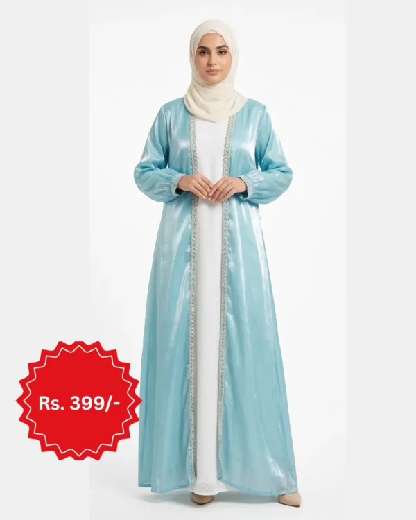 Light Blue Shiny Open‑Front Abaya with Trim – Modest Outerwear