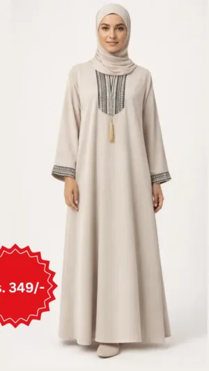 Beige Embroidered Tassel Abaya – Modest Full‑Length Dress