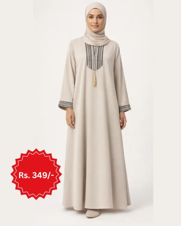 Beige Embroidered Tassel Abaya – Modest Full‑Length Dress