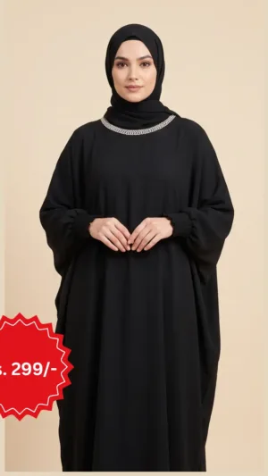 Black Silver‑Neckline Abaya