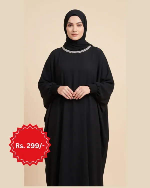 Black Silver‑Neckline Abaya