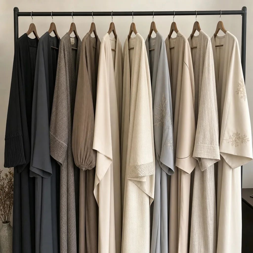 Different abaya types on a clothing rack in neutral fabrics and sleeve styles