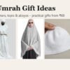 Hajj and Umrah gift ideas: prayer dress, long khimar, white topi and beige abaya from Modesty EStore