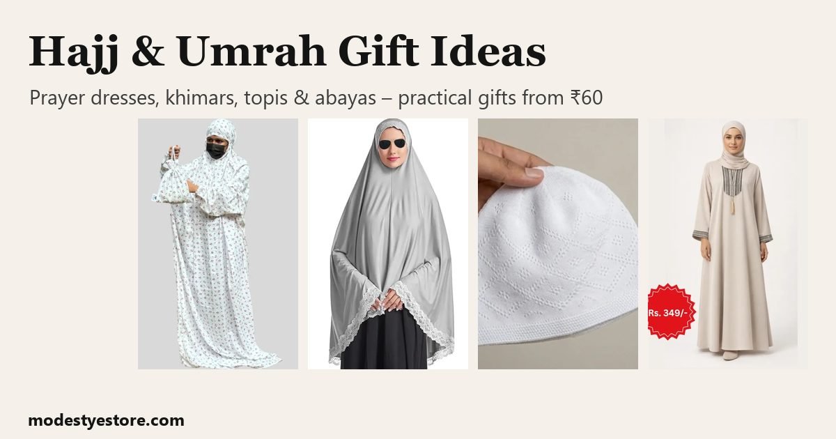 Hajj and Umrah gift ideas: prayer dress, long khimar, white topi and beige abaya from Modesty EStore