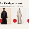 New burka designs 2026: black textured tassel abaya, beige embroidered tassel abaya and light blue open-front abaya