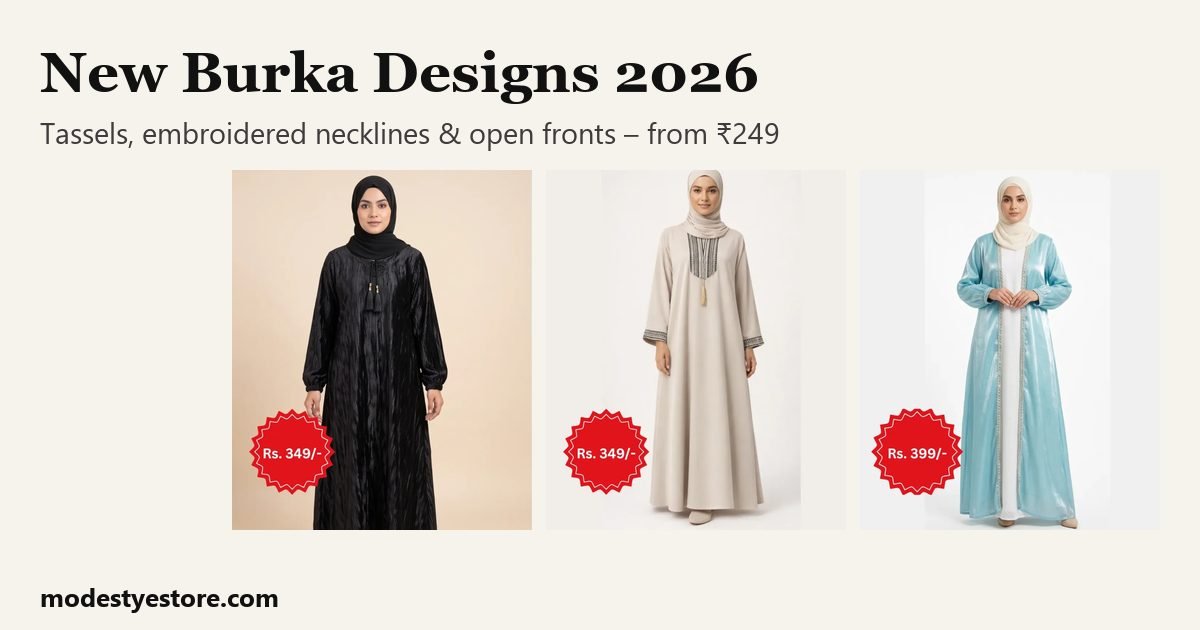 New burka designs 2026: black textured tassel abaya, beige embroidered tassel abaya and light blue open-front abaya