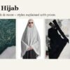 Types of hijab: a matt Nida hijab, a long khimar, a black naqab and a navy wedding hijab scarf