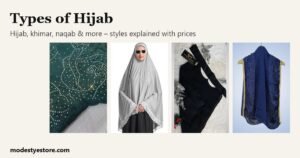 Types of hijab: a matt Nida hijab, a long khimar, a black naqab and a navy wedding hijab scarf